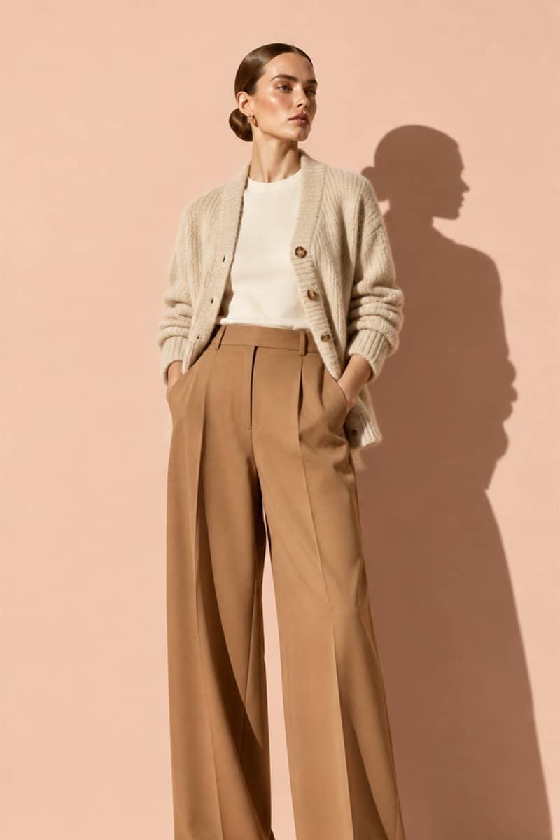 a female model in high end women's fashion set against a cream background