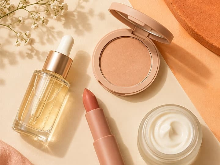 a set of different cosmetic products against a cream background