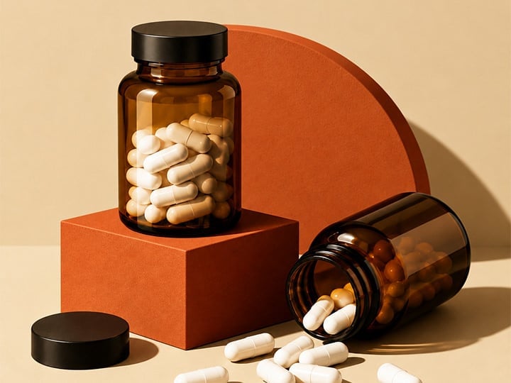 two bottles of vitamins against a cream background